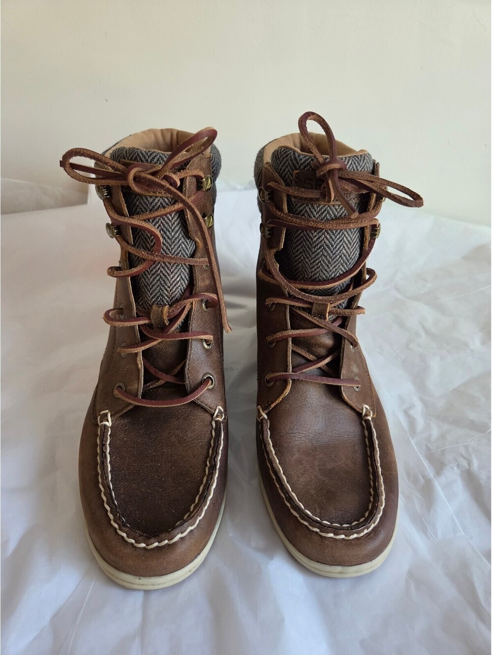Sperry Womens 8 Leather High Top Boots Brown Gorpcore Herringbone Lace Up
